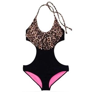 New VS PINK Leopard Fringe Monokini - Women | Black | Size: Large